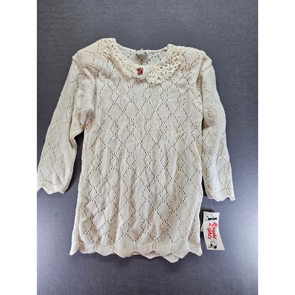 VTG Bright Lights Cream Pointelle Knit Sweater Lace Collar Rosebud USA Size 16